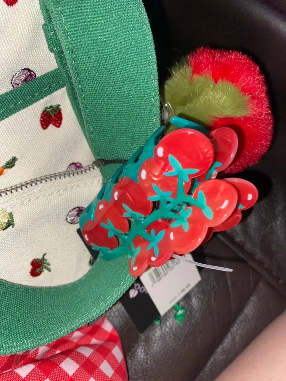 Madden Girl Green and Cream Tote with Red tomatoe Pom & Gingham Scarf scrunchie